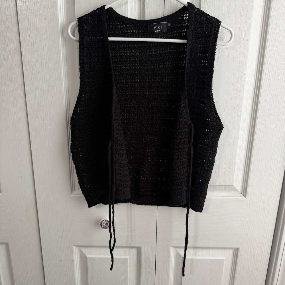 Vici Black Open Knit Crochet Tie Front Vest Women's Size Large Beach Festival